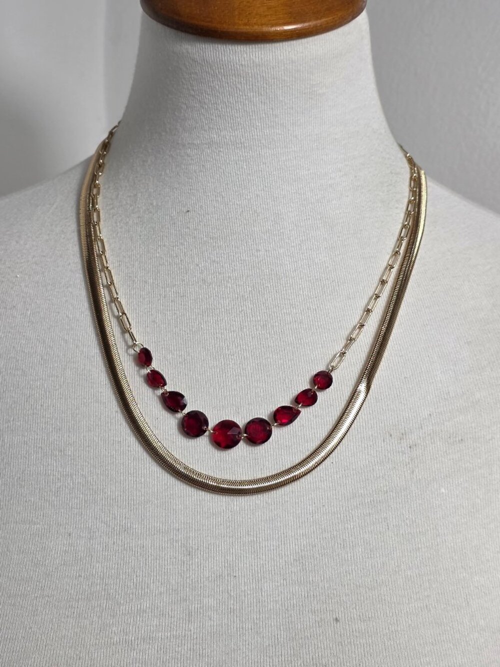 Nine West Gold Tone Two-Strand Statement Necklace Red Faceted Stones